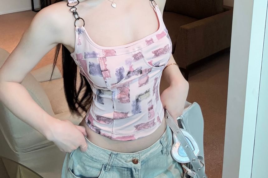 Top Neck Buckle Patterned Square Tank Print