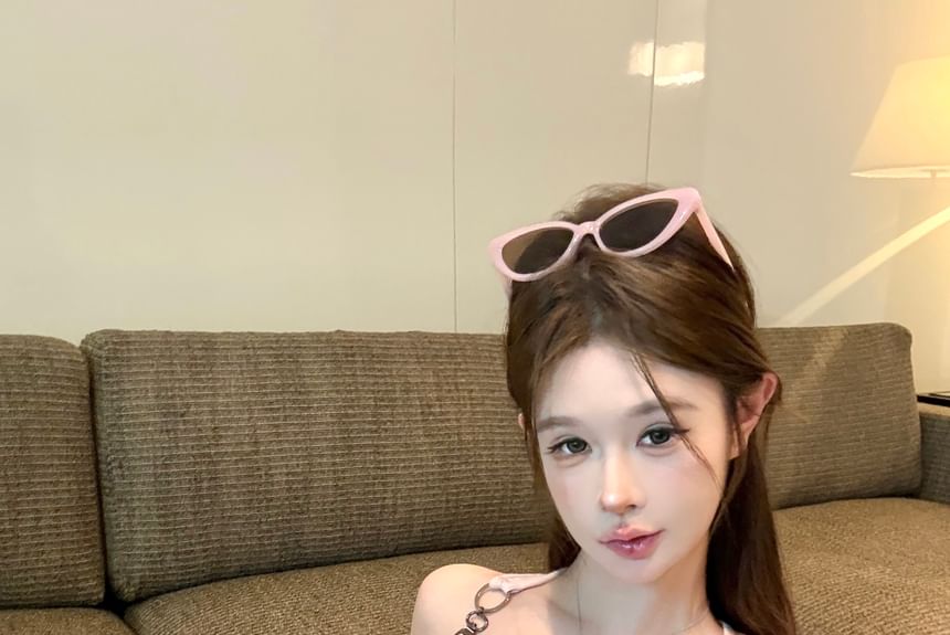 Top Neck Buckle Patterned Square Tank Print