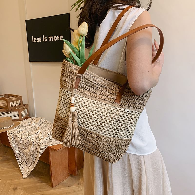 Two-Tone Woven Tote Bag Tassel