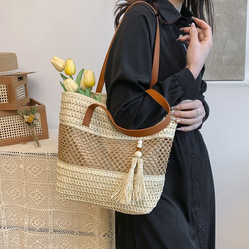 Two-Tone Woven Tote Bag Tassel