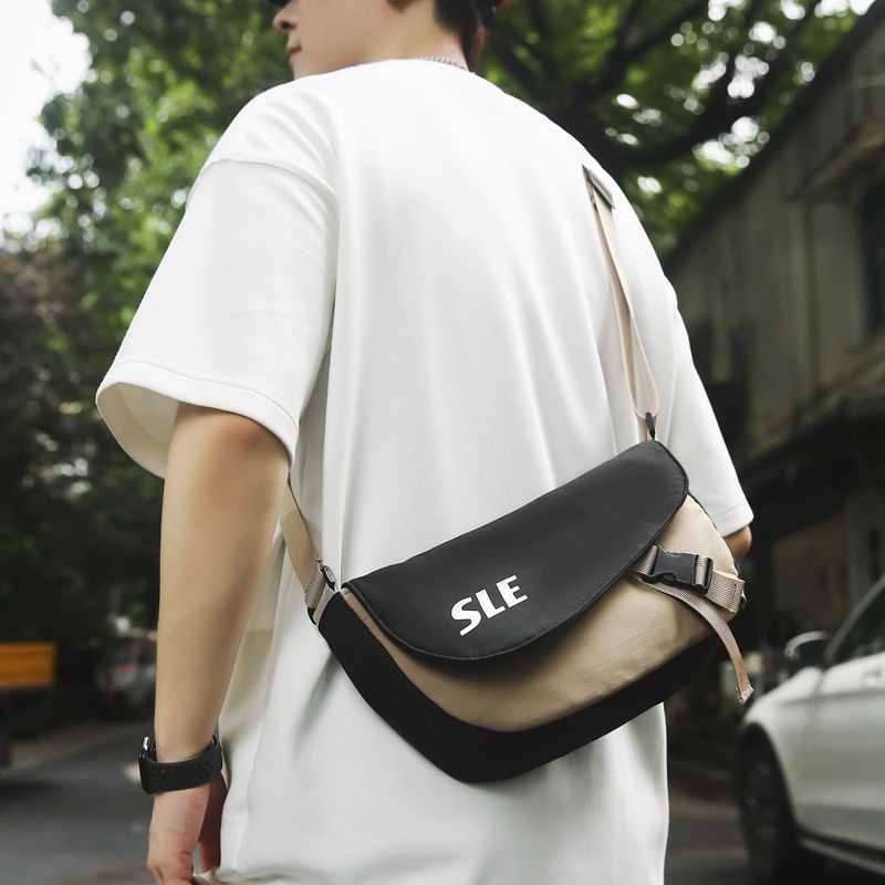 Two-Tone Crossbody Lettering Bag Buckled Flap