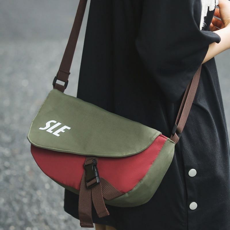 Two-Tone Crossbody Lettering Bag Buckled Flap