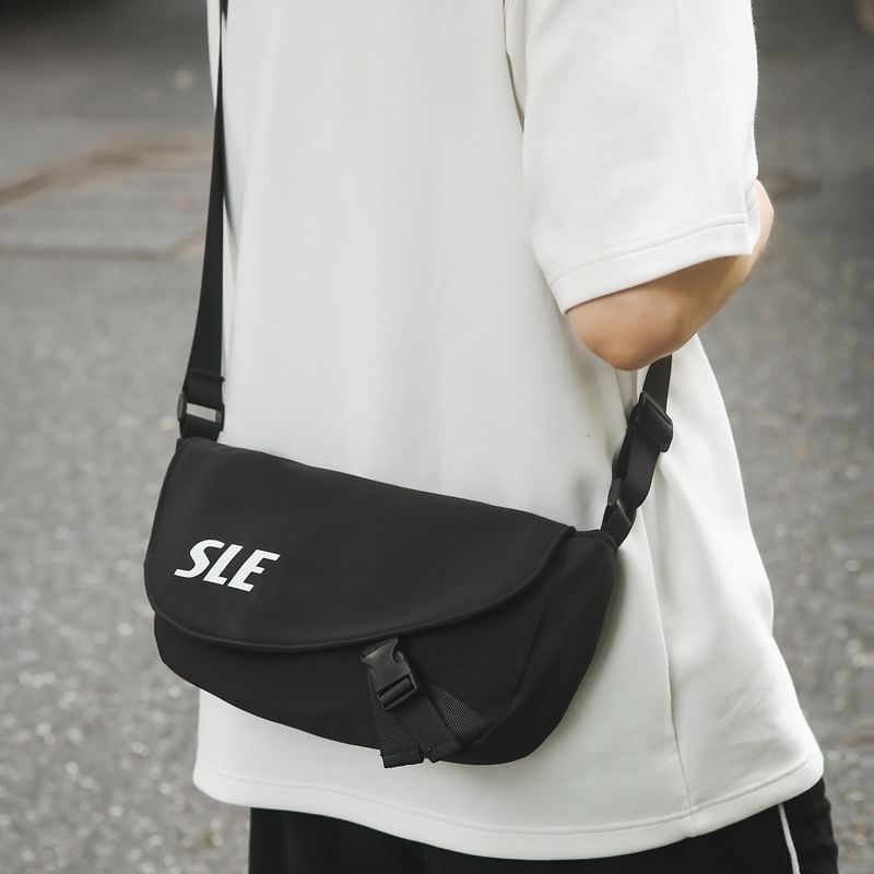 Two-Tone Crossbody Lettering Bag Buckled Flap