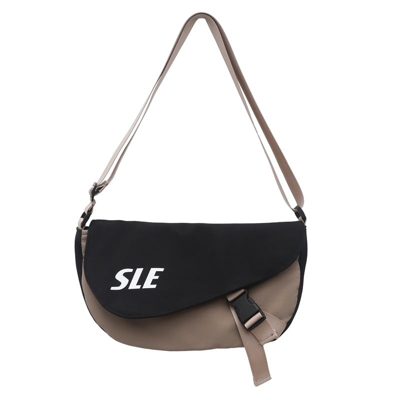 Two-Tone Crossbody Lettering Bag Buckled Flap