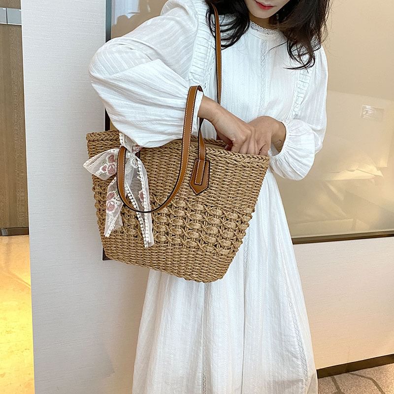 Lace Bow Tote Embroidered Floral Bag Woven