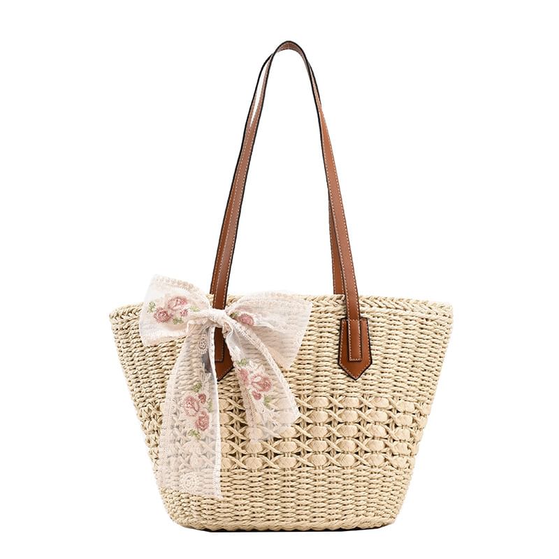 Lace Bow Tote Embroidered Floral Bag Woven