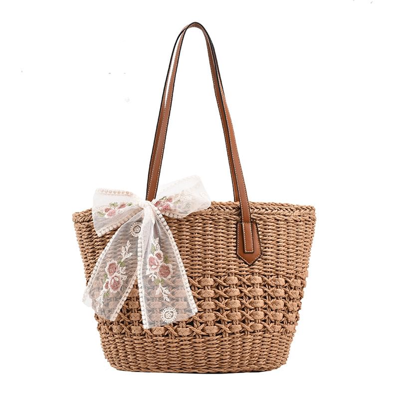 Lace Bow Tote Embroidered Floral Bag Woven