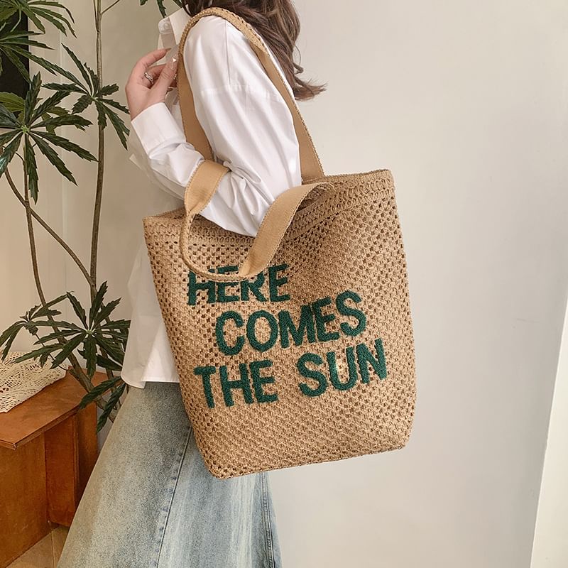 Woven Letter Tote Bag Embroidered
