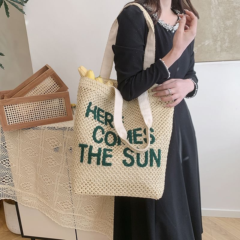 Woven Letter Tote Bag Embroidered