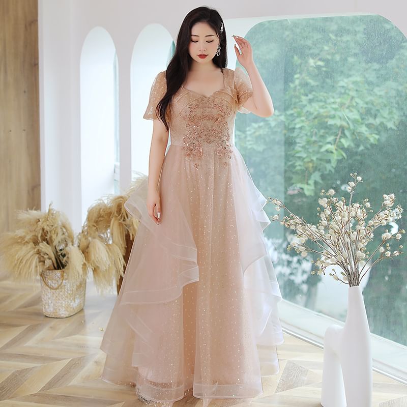 Plus Size Short-Sleeve Mesh A-Line Evening Gown