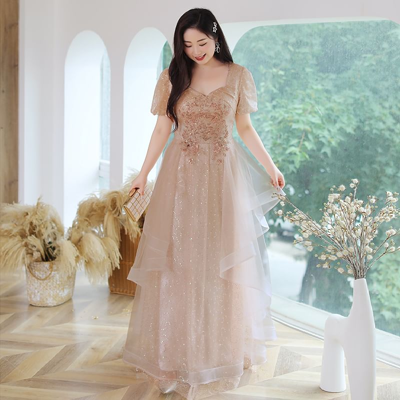 Plus Size Short-Sleeve Mesh A-Line Evening Gown