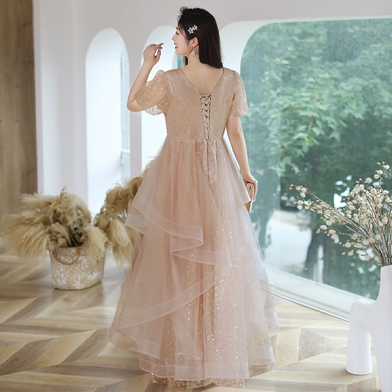 Plus Size Short-Sleeve Mesh A-Line Evening Gown