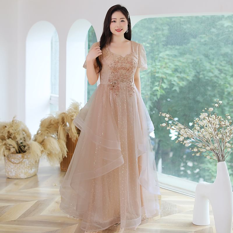 Plus Size Short-Sleeve Mesh A-Line Evening Gown