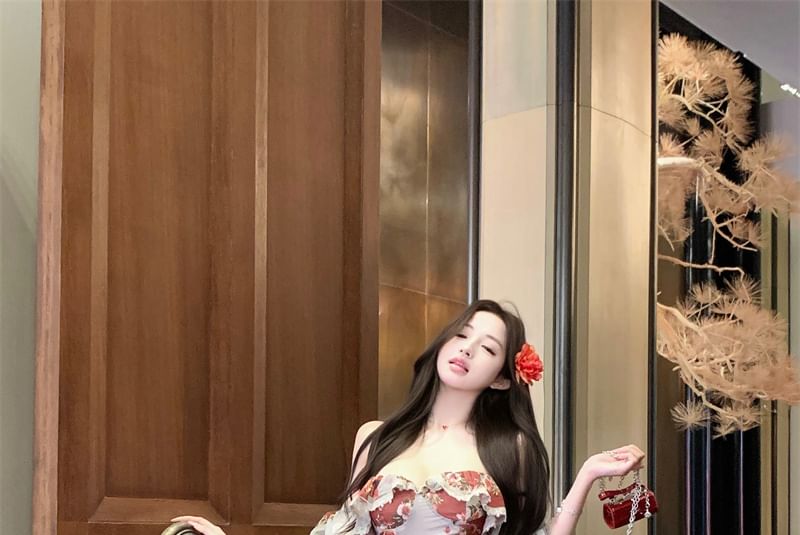 Designs) Shoulder Bodycon Flower Off Print (Various Dress