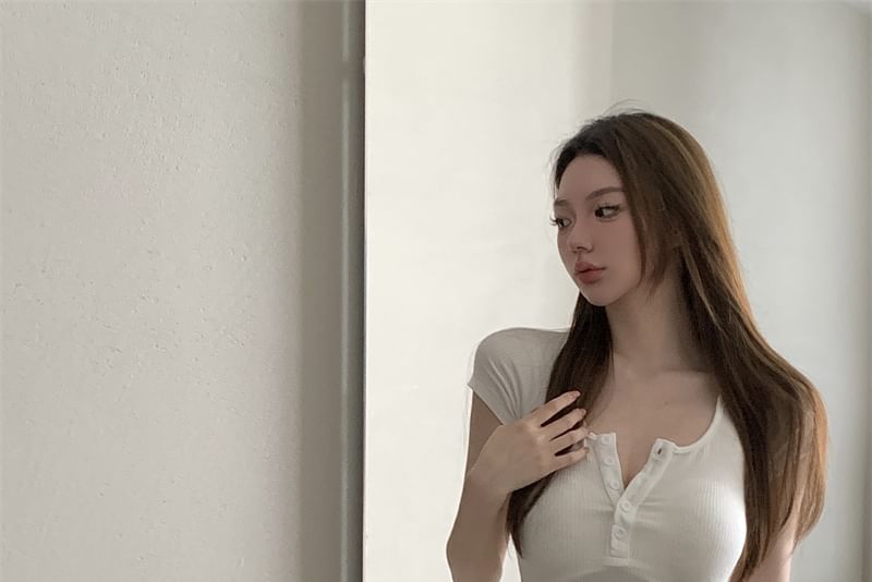 Neck Waist Pants Contrast Short-Sleeve Trim Hot Scoop Plain Crop T-Shirt High /