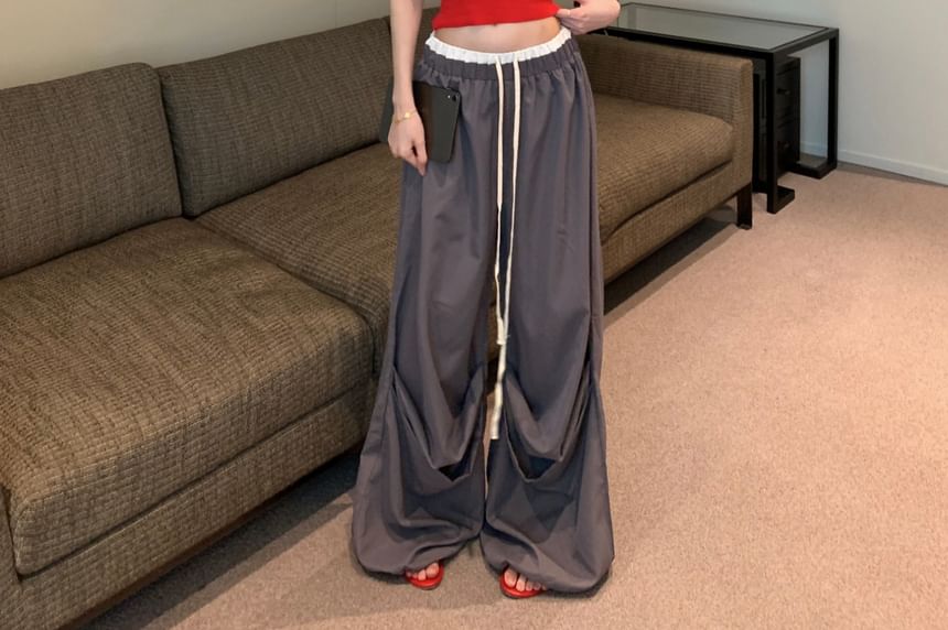 Camisole Leg Print Top Contrast Waist Lettering Pants / Wide Crop Trim Drawstring