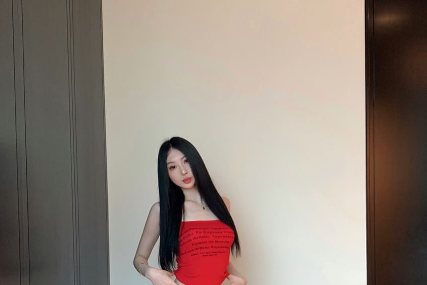 Camisole Leg Print Top Contrast Waist Lettering Pants / Wide Crop Trim Drawstring