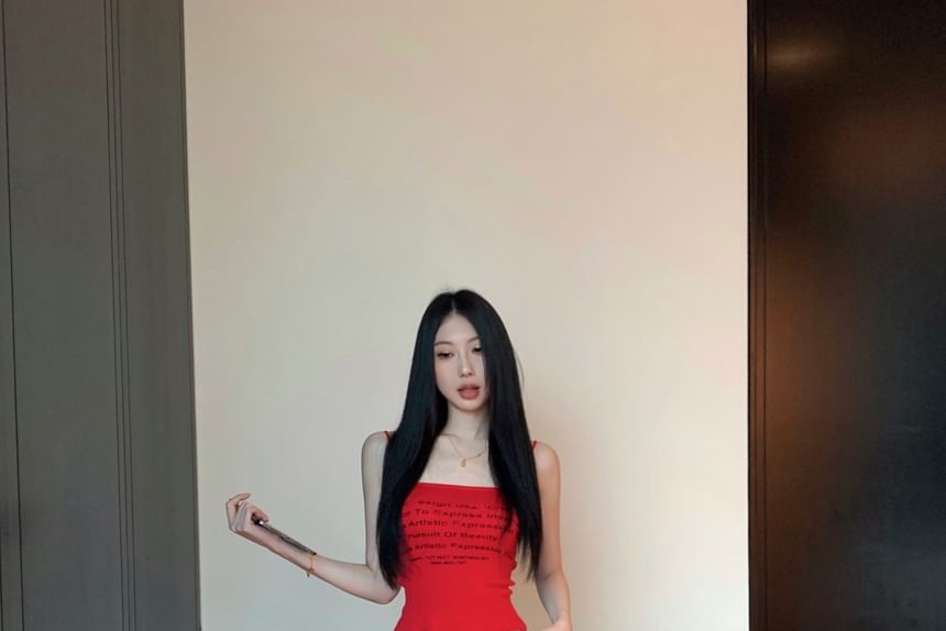 Camisole Leg Print Top Contrast Waist Lettering Pants / Wide Crop Trim Drawstring