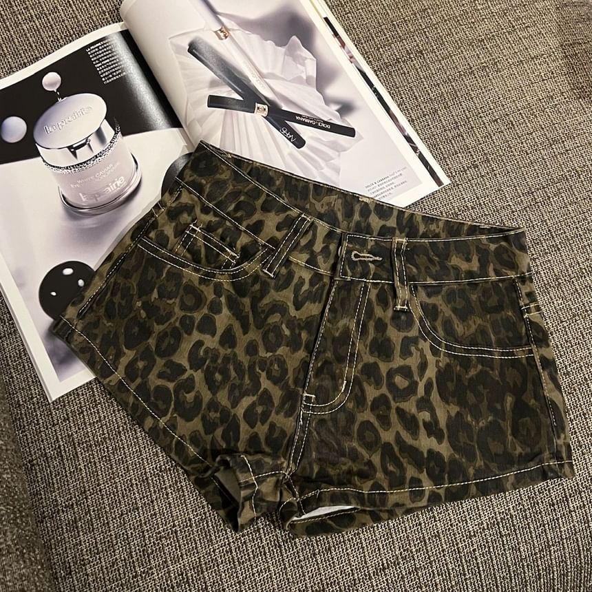Print Leopard Rise Denim Hot Pants Low