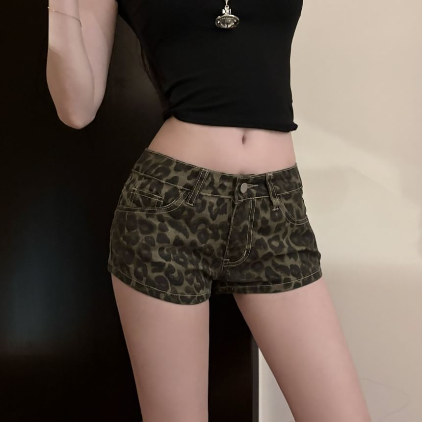 Print Leopard Rise Denim Hot Pants Low