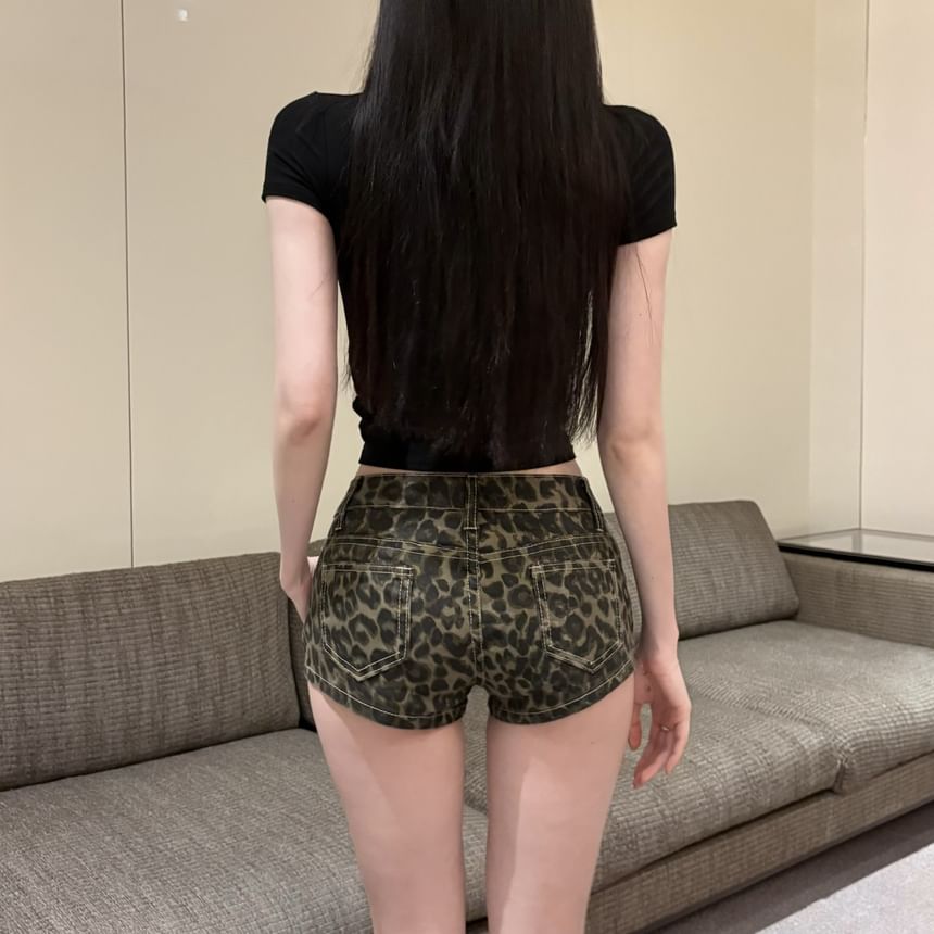Print Leopard Rise Denim Hot Pants Low
