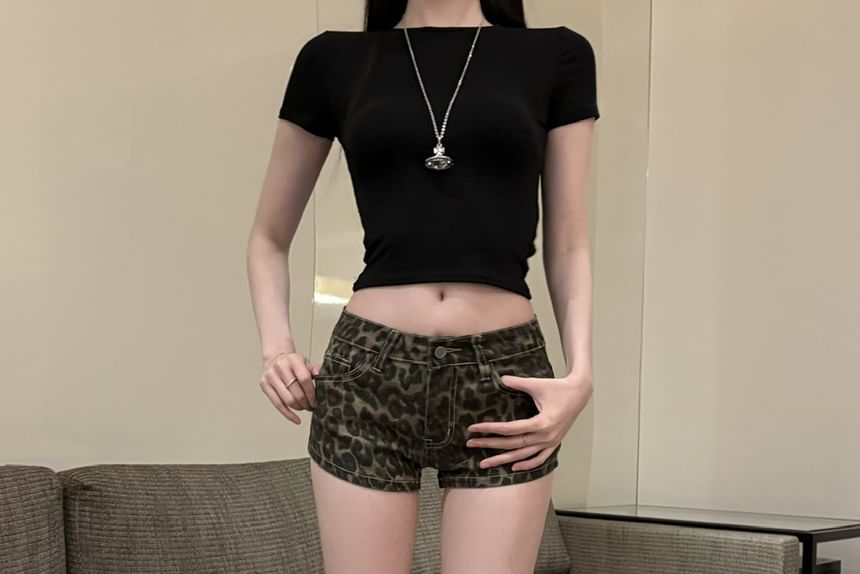 Print Leopard Rise Denim Hot Pants Low