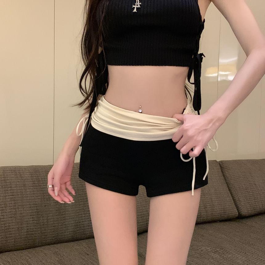 Drawstring Ruched Hot Two Tone Waist Pants High