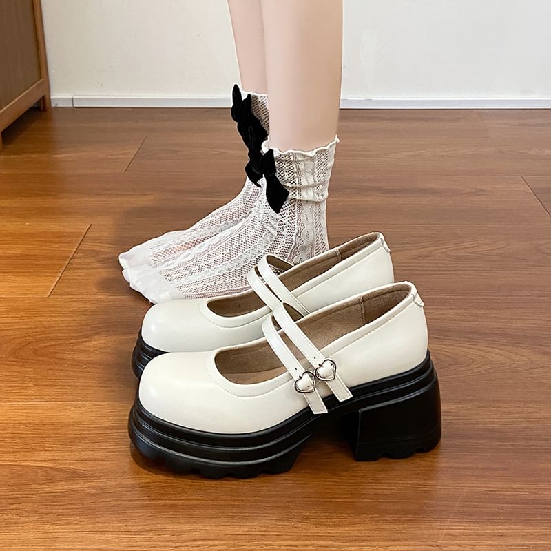 Mary Strap Platform Shoes Buckled Jane Heart Genuine Double Leather
