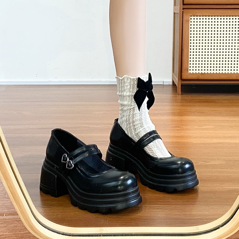 Mary Strap Platform Shoes Buckled Jane Heart Genuine Double Leather