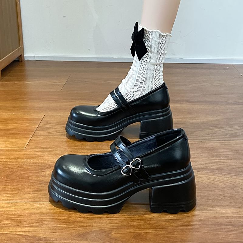 Mary Strap Platform Shoes Buckled Jane Heart Genuine Double Leather