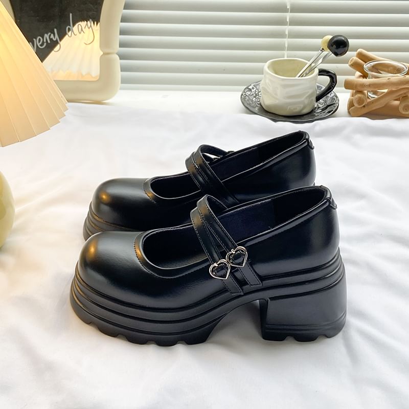 Mary Strap Platform Shoes Buckled Jane Heart Genuine Double Leather