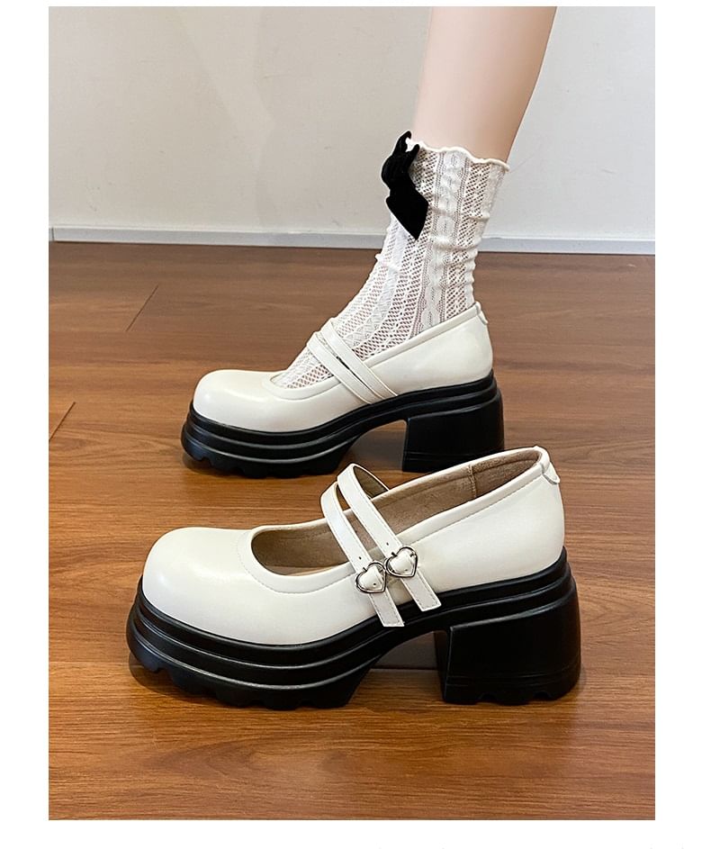 Mary Strap Platform Shoes Buckled Jane Heart Genuine Double Leather