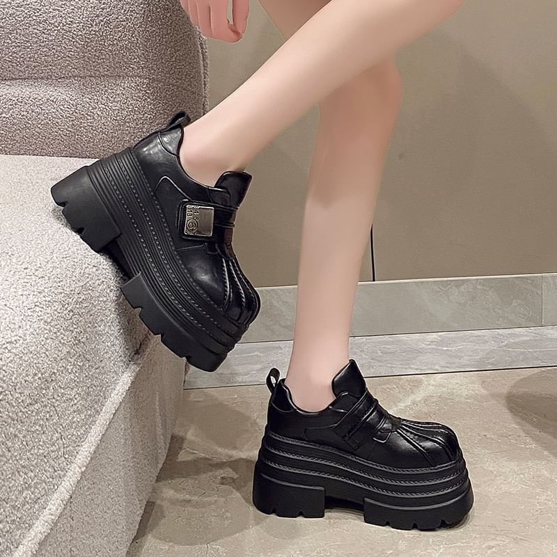 Leather Faux Strap Shoes Platform Adhesive