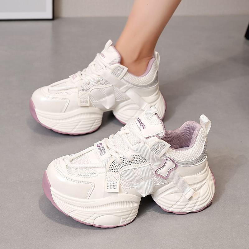 Panel Lace-Up Faux Leather Platform Rhinestone Mesh Sneakers