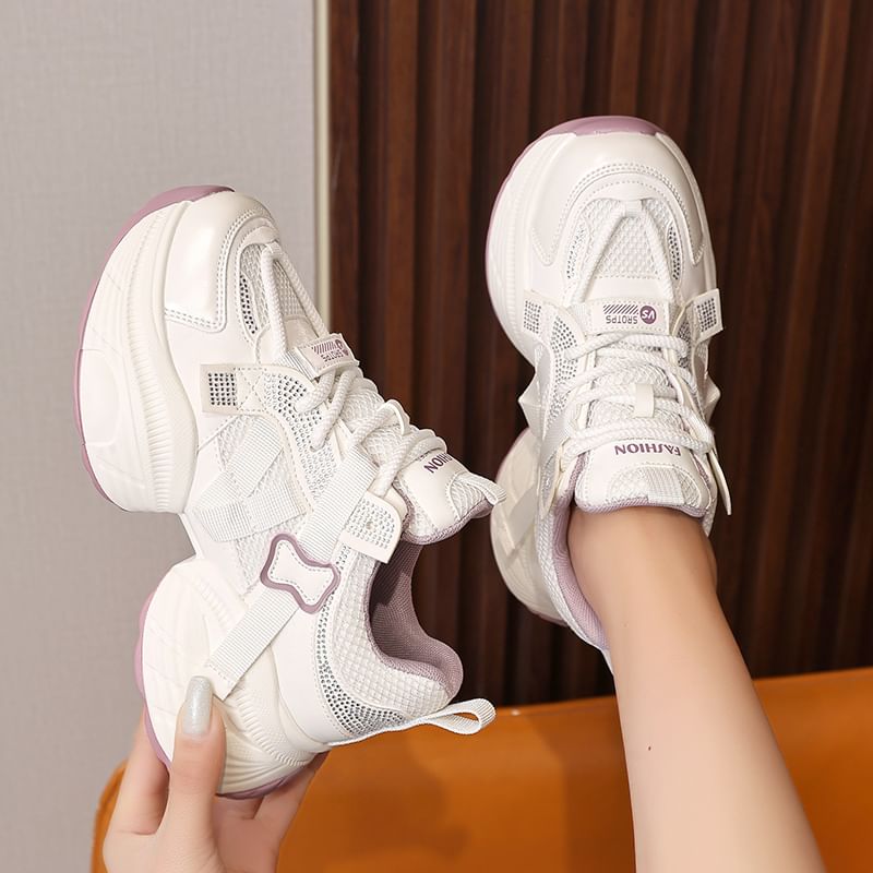 Panel Lace-Up Faux Leather Platform Rhinestone Mesh Sneakers