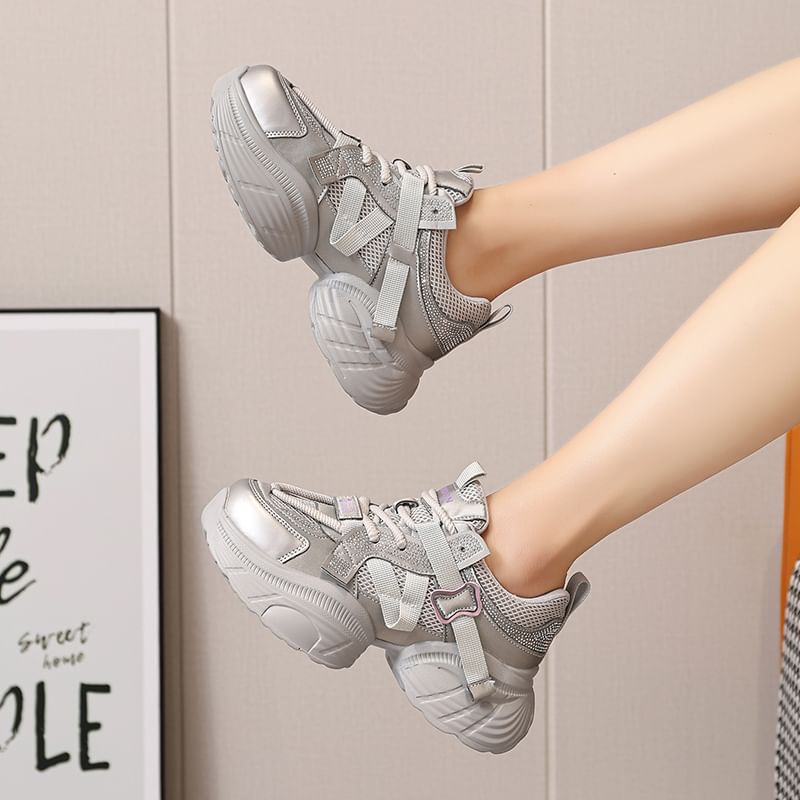 Panel Lace-Up Faux Leather Platform Rhinestone Mesh Sneakers