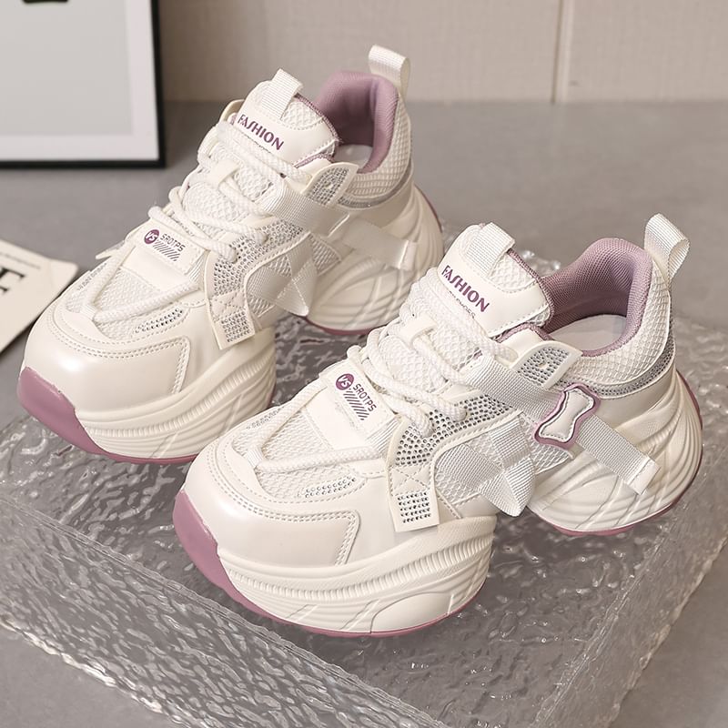 Panel Lace-Up Faux Leather Platform Rhinestone Mesh Sneakers