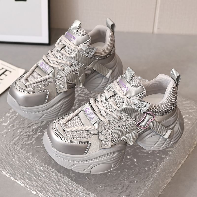 Panel Lace-Up Faux Leather Platform Rhinestone Mesh Sneakers