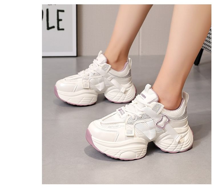 Panel Lace-Up Faux Leather Platform Rhinestone Mesh Sneakers
