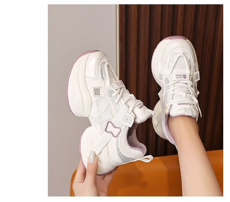 Panel Lace-Up Faux Leather Platform Rhinestone Mesh Sneakers