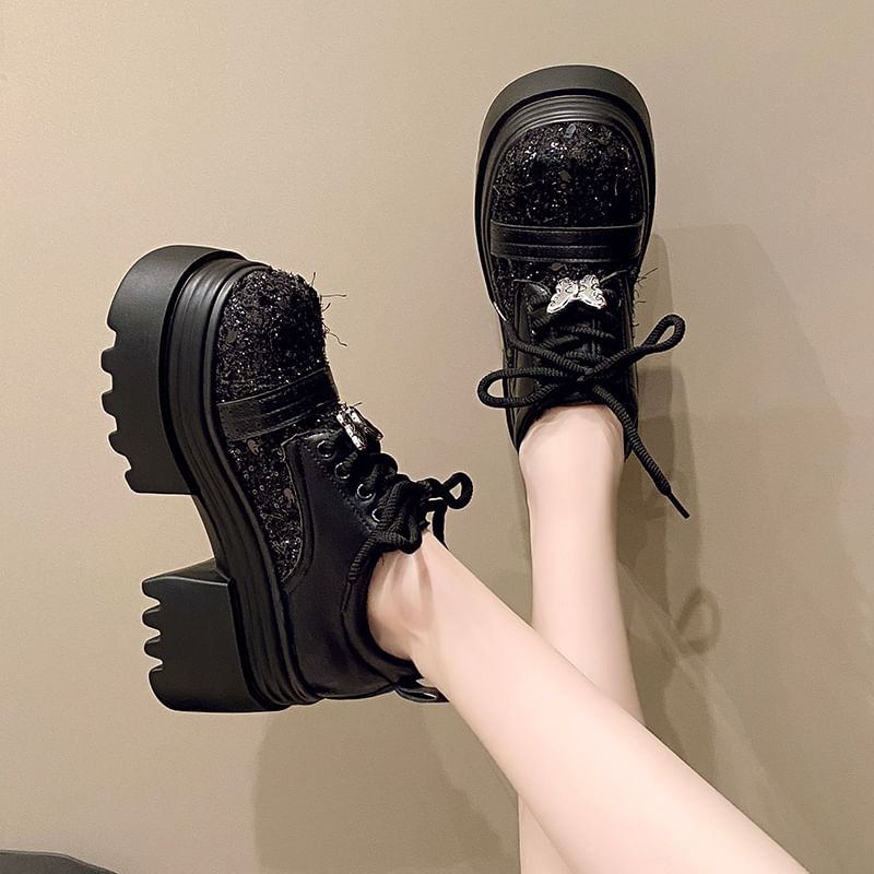 Lace-Up Leather Brogue Faux Shoes Platform Panel Tweed