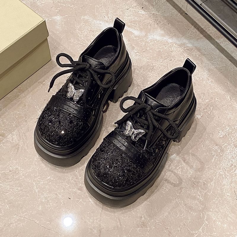 Lace-Up Leather Brogue Faux Shoes Platform Panel Tweed