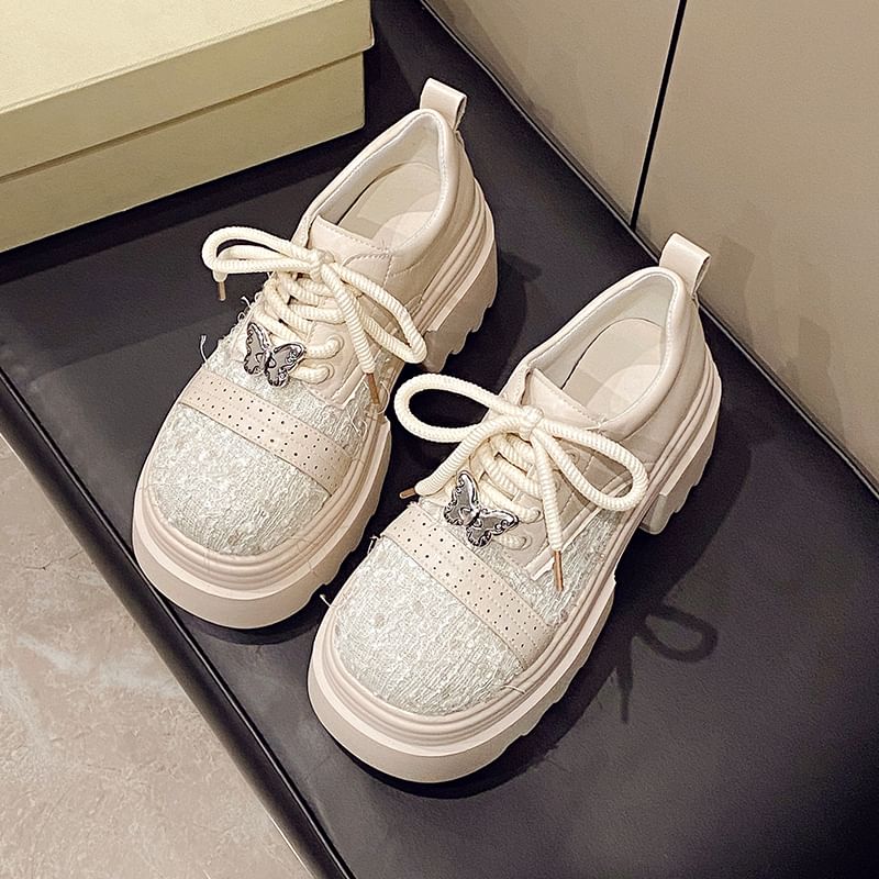 Lace-Up Leather Brogue Faux Shoes Platform Panel Tweed