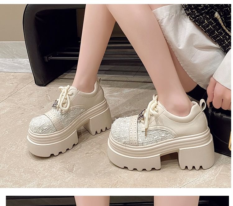 Lace-Up Leather Brogue Faux Shoes Platform Panel Tweed