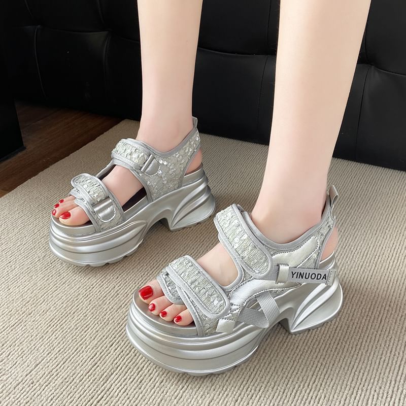Sandals Adhesive Sequin Strap Slingback Platform