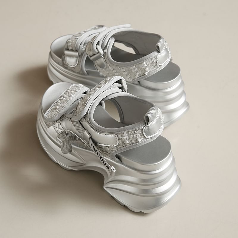 Sandals Adhesive Sequin Strap Slingback Platform