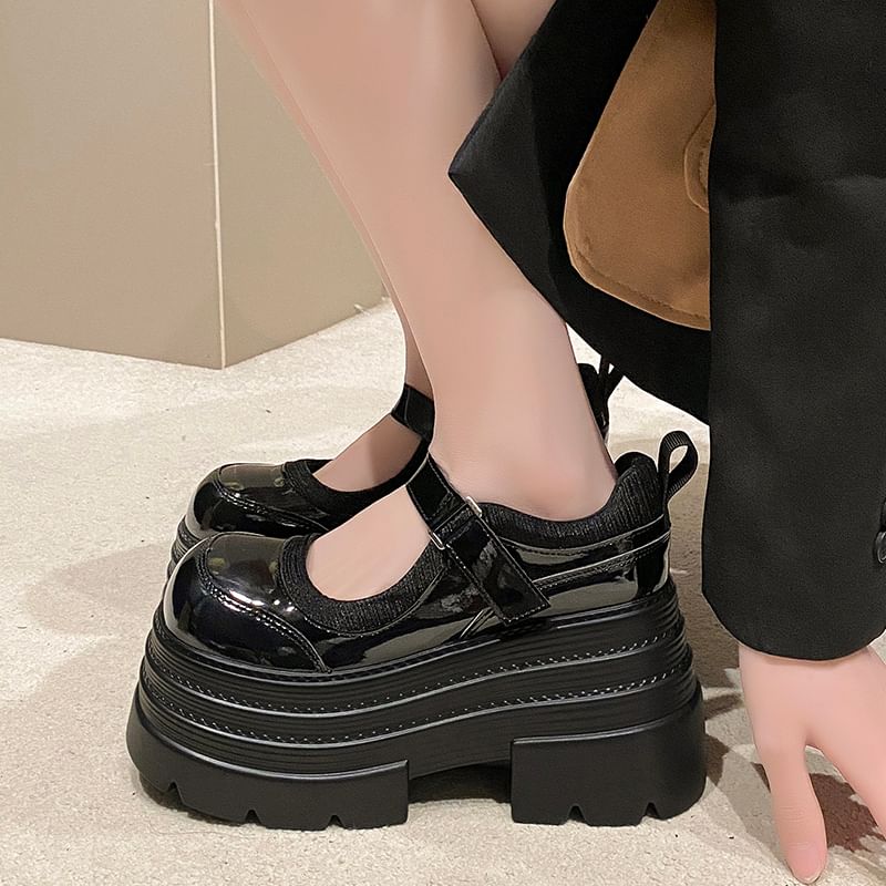 Faux Adhesive Strap Platform Mary Jane Leather Shoes
