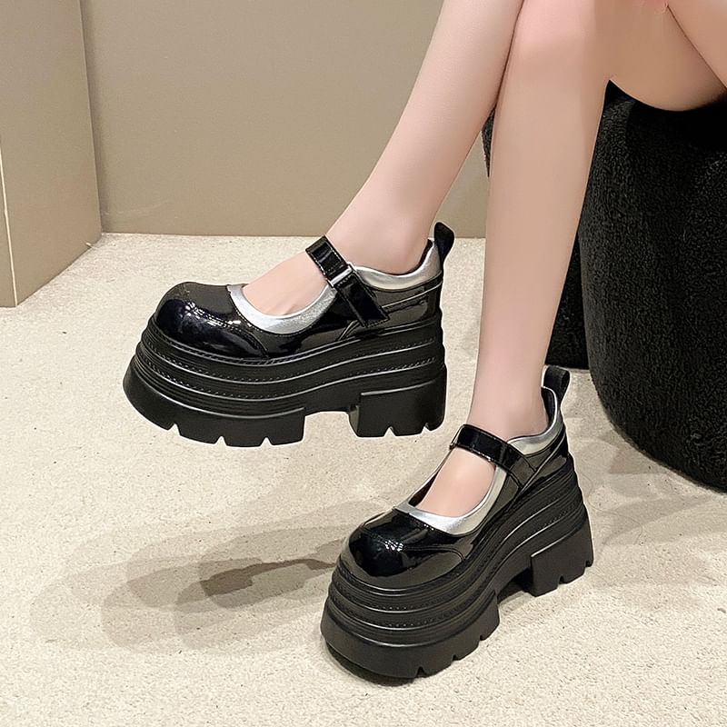 Faux Adhesive Strap Platform Mary Jane Leather Shoes