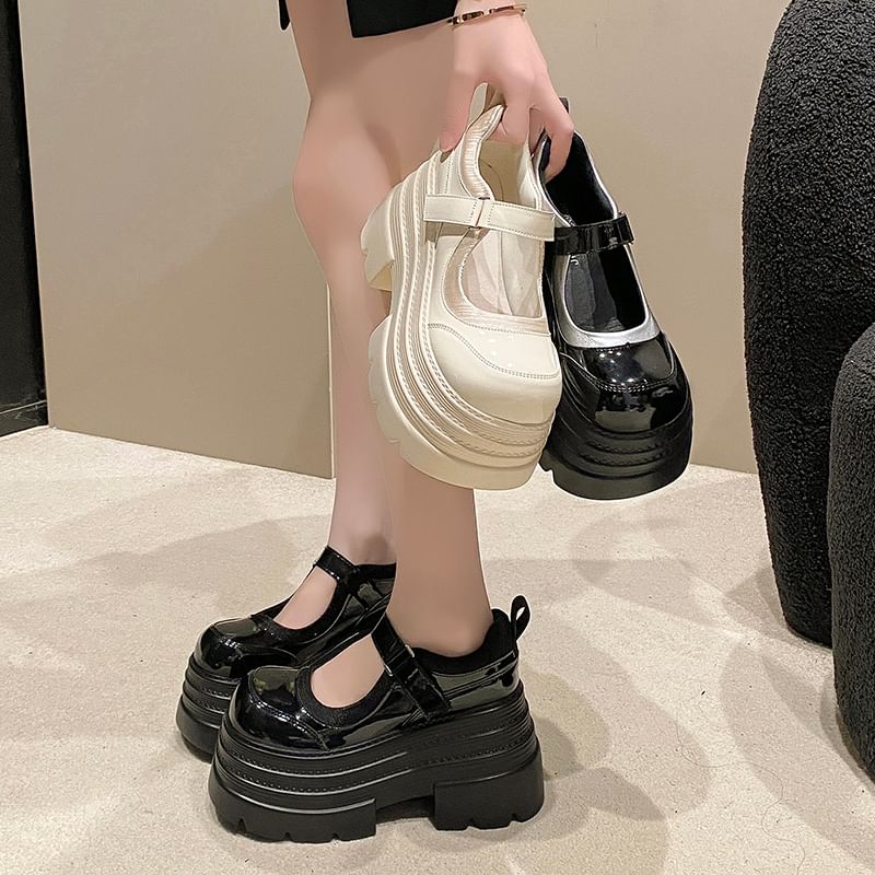 Faux Adhesive Strap Platform Mary Jane Leather Shoes