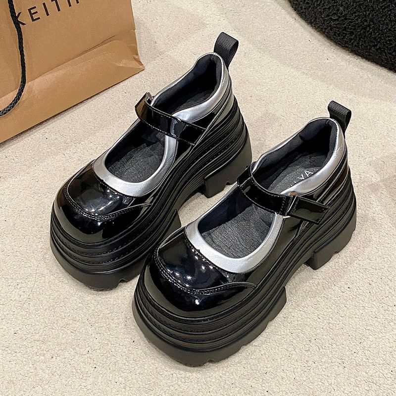 Faux Adhesive Strap Platform Mary Jane Leather Shoes